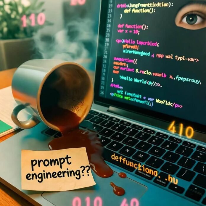 Coffee spills on laptop with code, sticky note reads "prompt engineering???", neon binary doughnuts float.