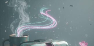 Technology Trends to Watch in 2025: The Future of Innovation VR headset with neural chip, cracked phone with flowers, steaming binary coffee.