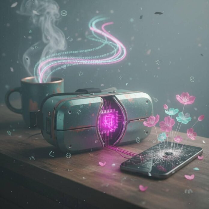 VR headset with neural chip, cracked phone with flowers, steaming binary coffee.