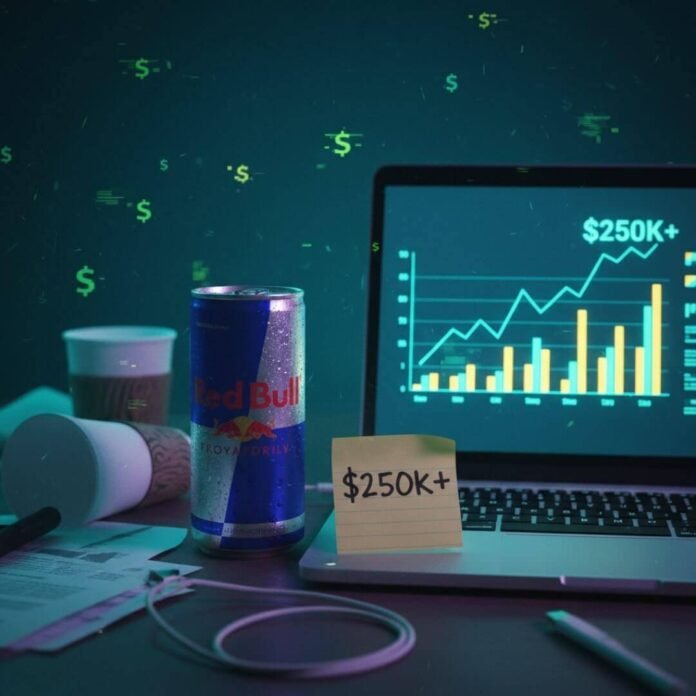 Exhausted worker's desk, Red Bull, "$250k+" goal.