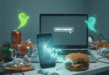 Tech Security Tips: How to Protect Your Data in 2025 Cracked phone screen, burger, laptop, sneaker on USB.