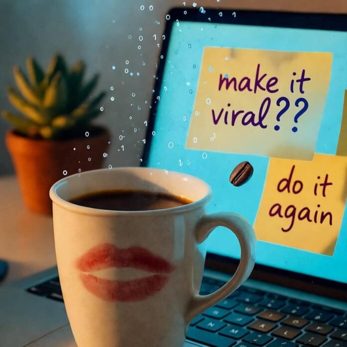 Half-empty coffee mug with lipstick smudge, laptop glowing on "make it viral??" Post-its.
