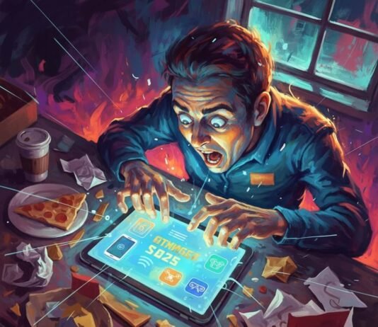 Gadget News 2025: The Best New Tech Gadgets to Look Forward To Frantic man reacting to "GADGET SD25" on a tablet.