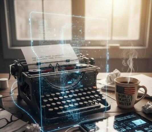 Top 10 AI Writing Software You Need to Try in 2025 A desk with a typewriter, coffee mug, tablet, and a futuristic AI interface.