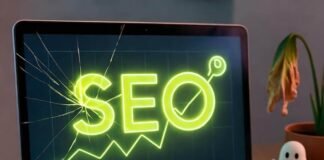 How AI SEO Tools are Transforming Digital Marketing in 2025 Cracked laptop with neon SEO graph, dripping cheesesteak, robot scribbling receipt, ghost emojis, wilted plant.