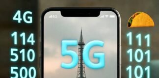 Why 5G Technology is the Game-Changer for the Future of Communication Smartphone on 4G call with 5G tower, floating binary tacos, half-eaten bowl.