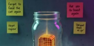 Quantum Computing: What You Need to Know in 2025 Glowing qubit in mason jar amid tangled headphones, Cheeto dust, floating regret notes.