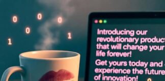 Is AI the Secret Weapon Every Business Needs for Marketing Success? Half-empty coffee mug with lipstick mark beside laptop showing, sticky note reads "AI = magic?"