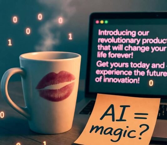Is AI the Secret Weapon Every Business Needs for Marketing Success? Half-empty coffee mug with lipstick mark beside laptop showing, sticky note reads "AI = magic?"