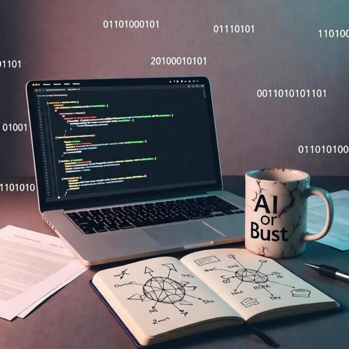 Messy desk with laptop showing broken code, chipped "AI or Bust" mug, doodled notebook, glowing binary. Messy desk with laptop showing broken code, chipped "AI or Bust" mug, doodled notebook, glowing binary.