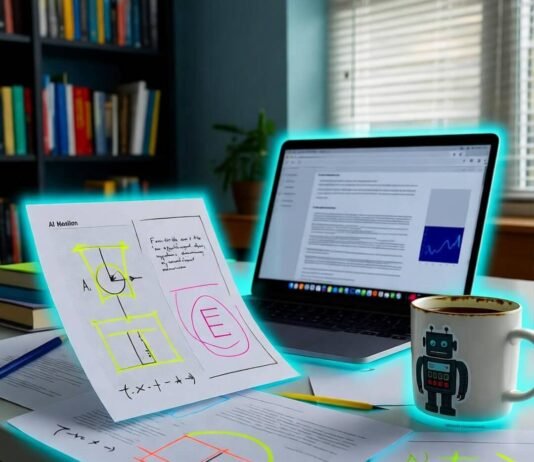 AI Research Papers You Need to Read in 2025 Messy desk with AI papers, glowing laptop, chipped mug, neon-blue sci-fi vibe.
