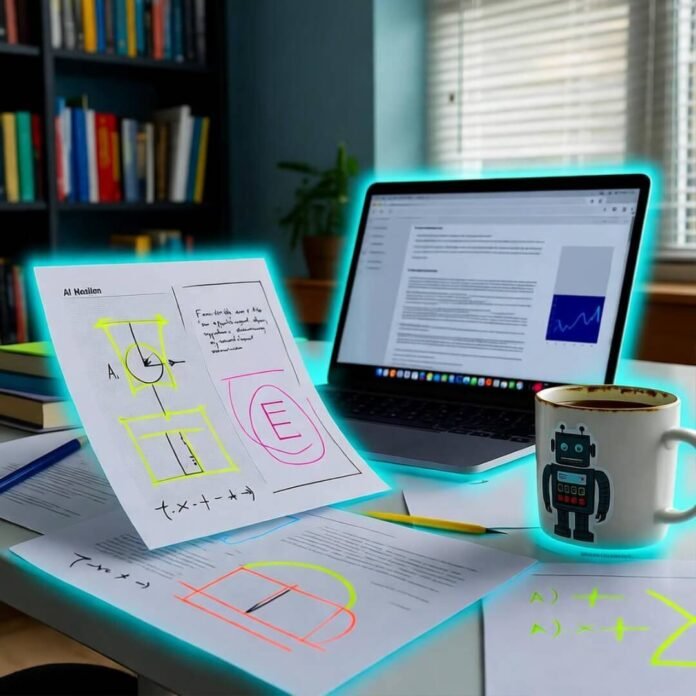 Messy desk with AI papers, glowing laptop, chipped mug, neon-blue sci-fi vibe.