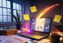 Breaking Down the Biggest Startups Making Waves in Tech Today Chaotic Philly loft desk with glowing laptop, spilled neon drink, binary Post-its.