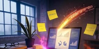 Breaking Down the Biggest Startups Making Waves in Tech Today Chaotic Philly loft desk with glowing laptop, spilled neon drink, binary Post-its.