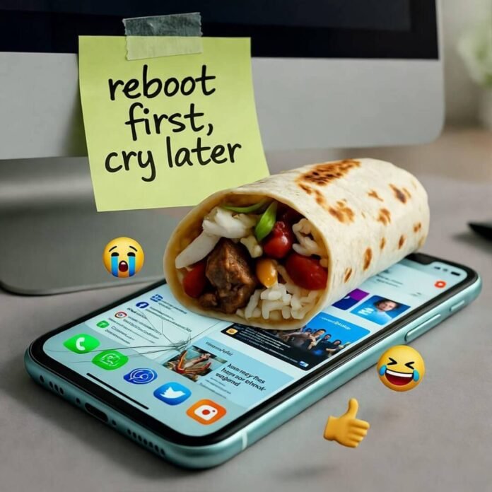 Cracked phone under half-eaten burrito with "reboot first, cry later" note and laughing emojis. Cracked phone under half-eaten burrito with "reboot first, cry later" note and laughing emojis.