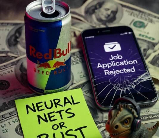 Machine Learning Jobs: How to Enter the Field in 2025 Red Bull on bills, cracked phone says rejected, dinosaur in headphones, neon note: NEURAL NETS OR BUST.