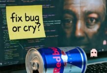 Web Developer Jobs in 2025: Your Guide to Breaking into the Industry Red Bull can on stained laptop with "fix bug or cry?" note and pixel ghost.