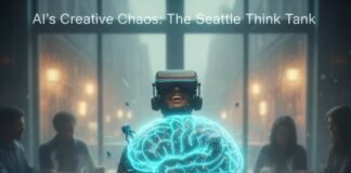 Join the AI Revolution: Top Communities to Connect with Experts Holographic brain over coffee shop table with VR user, pixel robots, and neon accents.