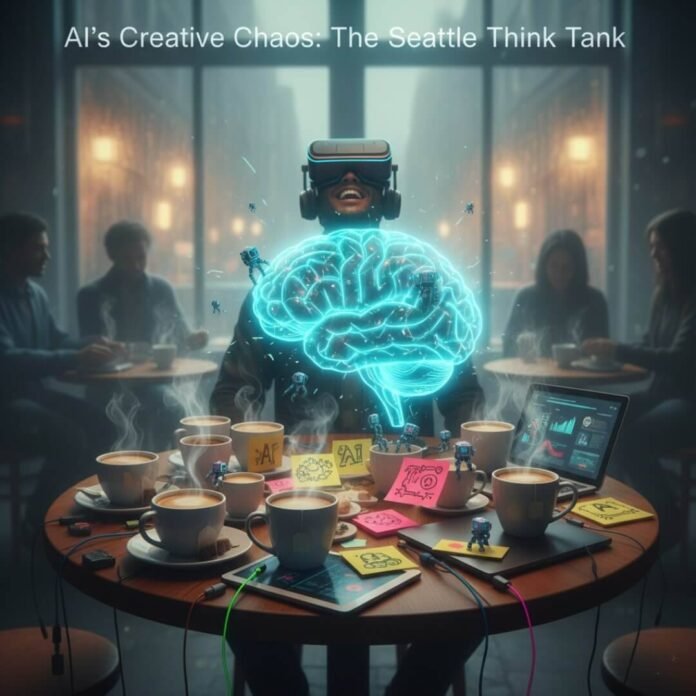 Holographic brain over coffee shop table with VR user, pixel robots, and neon accents. Holographic brain over coffee shop table with VR user, pixel robots, and neon accents.