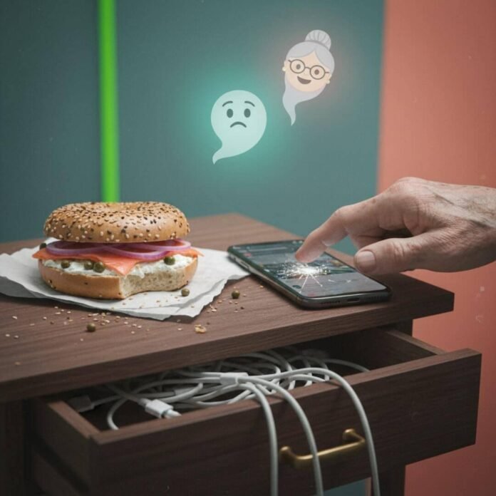 Old hand fumbles phone, bagel, and tangled cables. Old hand fumbles phone, bagel, and tangled cables.