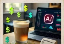 Discover the Best AI Tools for Small Businesses in 2025 Cluttered coffee table with spilled latte, AI laptop, receipt, floating dollar confetti.