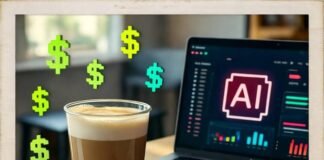 Discover the Best AI Tools for Small Businesses in 2025 Cluttered coffee table with spilled latte, AI laptop, receipt, floating dollar confetti.