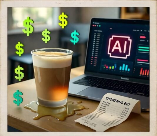 Discover the Best AI Tools for Small Businesses in 2025 Cluttered coffee table with spilled latte, AI laptop, receipt, floating dollar confetti.