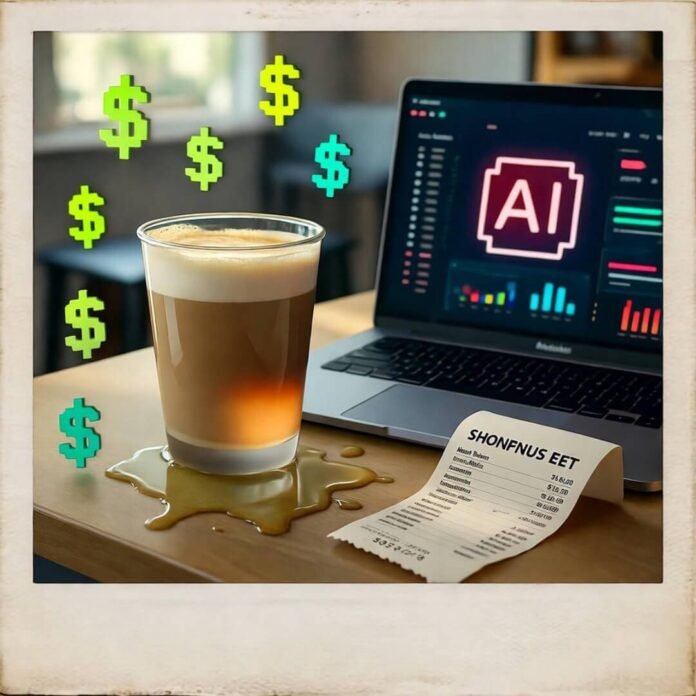Cluttered coffee table with spilled latte, AI laptop, receipt, floating dollar confetti.
