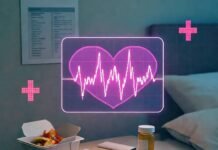 AI in Healthcare: How It’s Saving Lives and Revolutionizing the Industry Glowing holographic heart monitor above cluttered nightstand with takeout and pills.