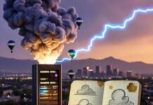 How Cloud Computing is Revolutionizing Business Operations Glowing server tower, coffee-stained notebook, hazy Denver skyline at dusk, binary balloons.