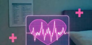 AI in Healthcare: How It’s Saving Lives and Revolutionizing the Industry Glowing holographic heart monitor above cluttered nightstand with takeout and pills.