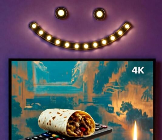 What Makes the Best 4K TVs in 2025? Our Complete Guide TV with burrito on remote, candle shadows, wonky LED smiley face. Teal-mustard glitch vibe.