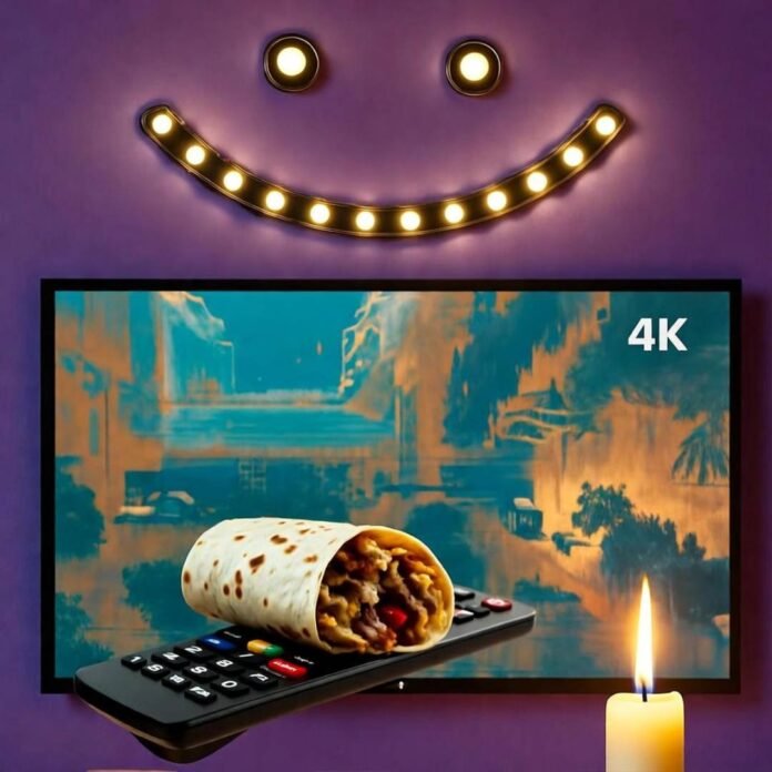 TV with burrito on remote, candle shadows, wonky LED smiley face. Teal-mustard glitch vibe.