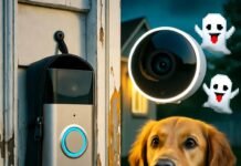The Ultimate Guide to Home Security Cameras in 2025 Dangling Ring doorbell, confused dog staring at Nest cam, ghost emojis floating.