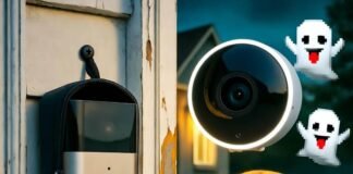 The Ultimate Guide to Home Security Cameras in 2025 Dangling Ring doorbell, confused dog staring at Nest cam, ghost emojis floating.