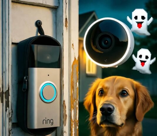 The Ultimate Guide to Home Security Cameras in 2025 Dangling Ring doorbell, confused dog staring at Nest cam, ghost emojis floating.