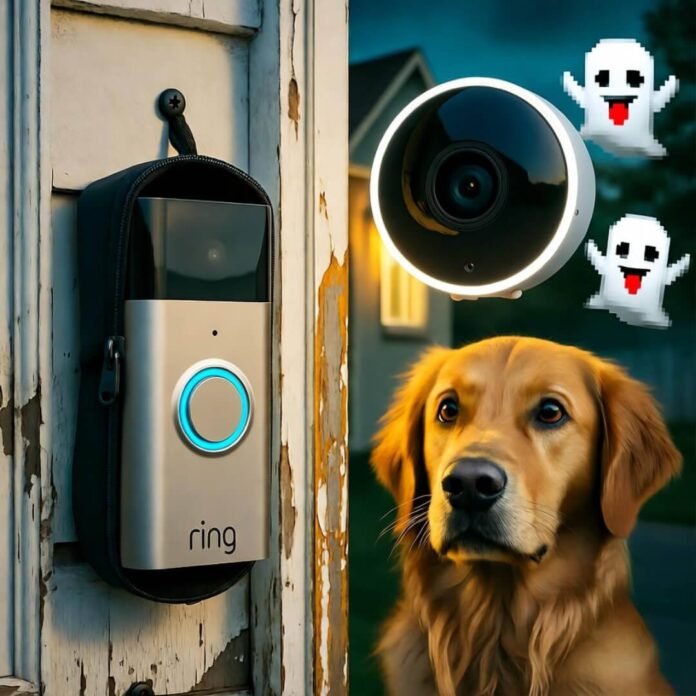 Dangling Ring doorbell, confused dog staring at Nest cam, ghost emojis floating. Dangling Ring doorbell, confused dog staring at Nest cam, ghost emojis floating.