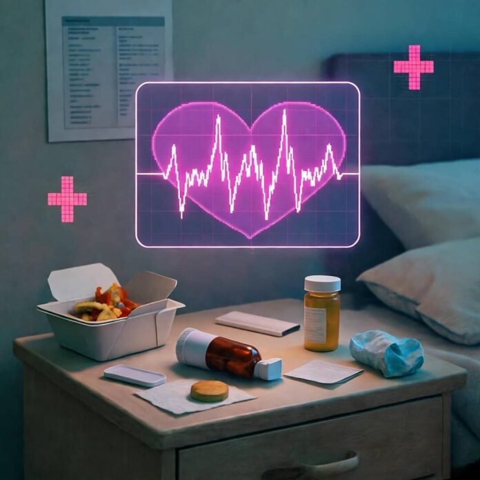 Glowing holographic heart monitor above cluttered nightstand with takeout and pills.