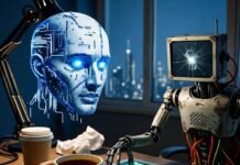 The Top Tech Trends You Can’t Ignore in 2025 Cyberpunk scene: holographic AI, glitchy robot spills coffee on circuits.