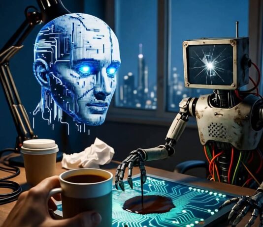 The Top Tech Trends You Can’t Ignore in 2025 Cyberpunk scene: holographic AI, glitchy robot spills coffee on circuits.
