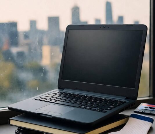 Best Budget Laptops in 2025: Top Picks for Affordable Performance Blurred laptop on coffee cups and notebook, city skyline, sock, cassette sticker.
