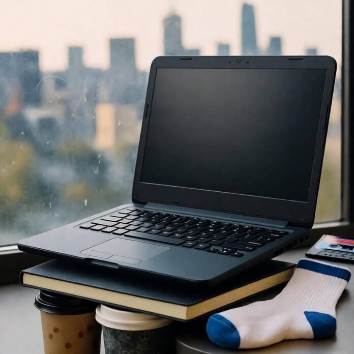 Blurred laptop on coffee cups and notebook, city skyline, sock, cassette sticker. Blurred laptop on coffee cups and notebook, city skyline, sock, cassette sticker.